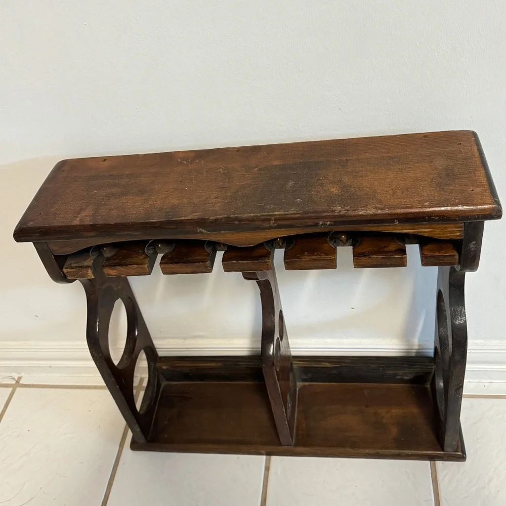 vintage wall-mounted wooden wine and stemware Bottle / 6 Glass Wine Rack / Shelf